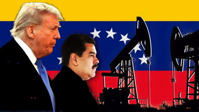 (Hình ảnh ghép ông Trump, ông Maduro và các giàn khoan dầu cùng với quốc kỳ Venezuela ở phía sau)