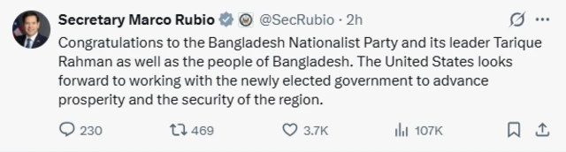 এক্স একাউন্ট (সাবেক টুইটার) থেকে দেওয়া এক পোস্টে তিনি বাংলাদেশের জনগণকেও অভিনন্দন জানান।