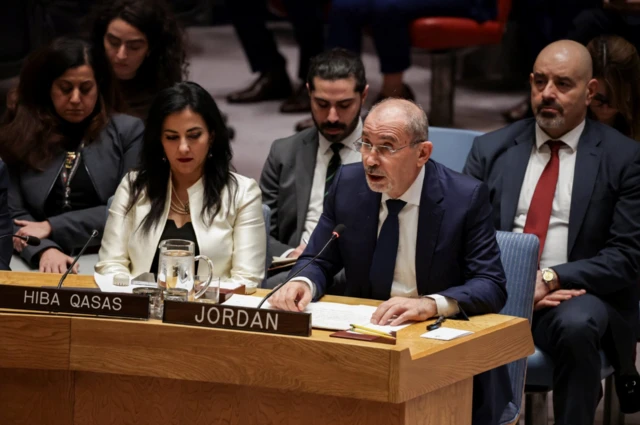 وزير الخارجية الأردني، أيمن الصفدي، أثناء كلمة في مجلس الأمن الدولي