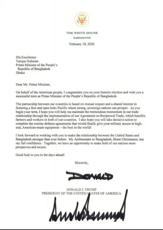 মার্কিন প্রেসিডেন্ট ডোনাল্ড ট্রাম্প তারেক রহমানকে চিঠি লিখেছেন