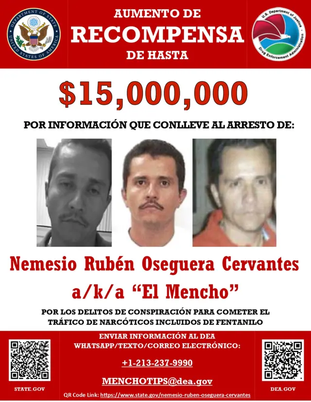 Cartel que ofrece recompensa por "El Mencho"