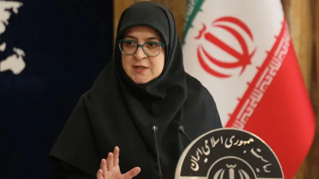 فاطمه مهاجرانی با مقنعه سیاه و مقابل پرچم جمهوری اسلامی