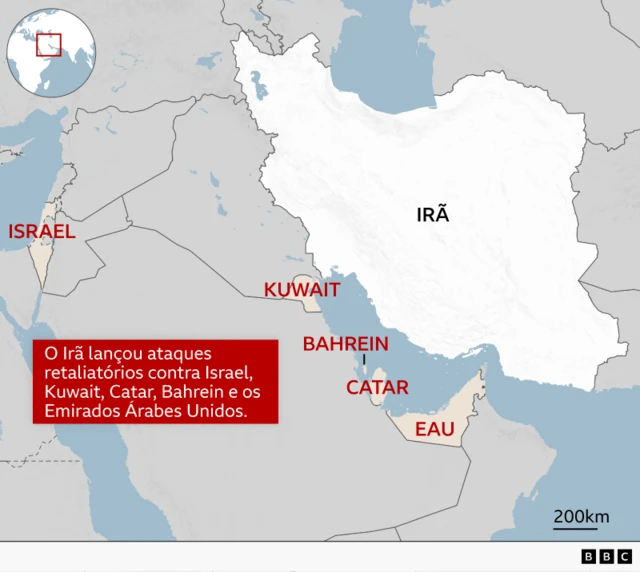 Mapa mostra países atingidos pela primeira onda de ataques de retaliação do Irã