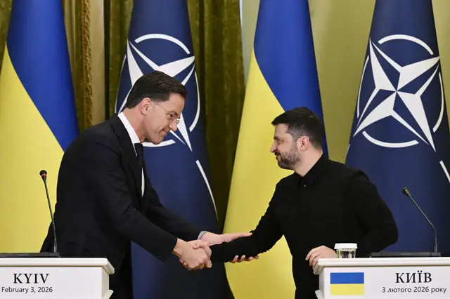 Рютте и Зеленский на пресс-конференции в Киеве 3 февраля 2026 года