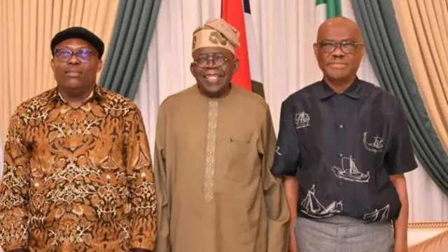 Foto Onyeisiala Bola Tinubu, Nyesom Wike na Gọvanọ Siminalayi Fubara