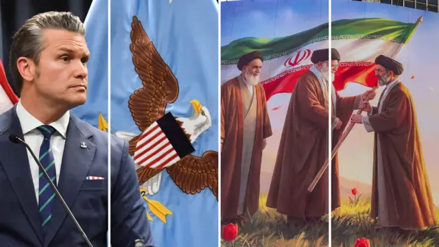 Hình ghép Bộ trưởng Quốc phòng Mỹ Pete Hegseth và các lãnh tụ Iran
