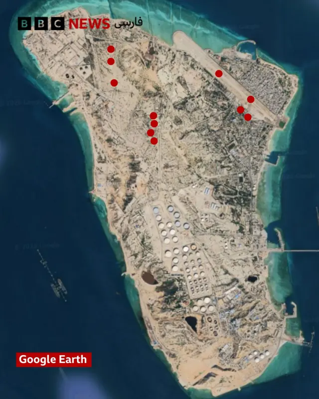 نقاط قرمز مکان‌هایی است که آمریکا به آنها در جزیره خارگ حمله کرده است