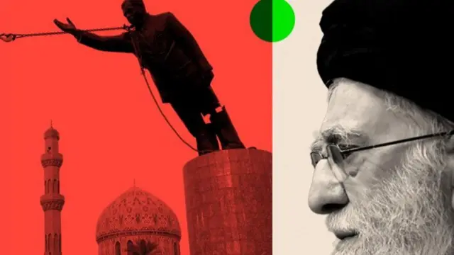 گرافیک خامنه‌ای و مجسمه در حال سقوط صدام