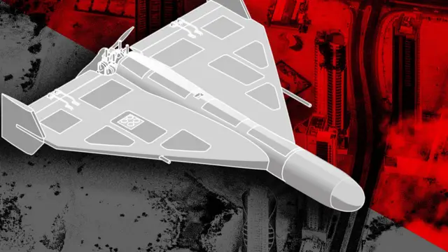 အဖြူရောင်၊ အနီရောင်နဲ့ အညိုရောင်တွေပါ ဝင်တဲ့ ရှာဟတ် ဒရုန်းသရုပ်ဖော်ပုံ