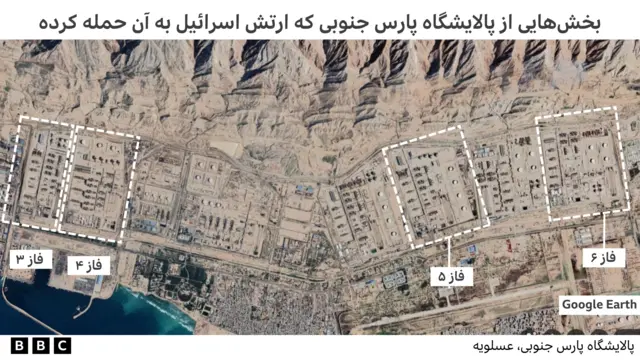 بخش‌هایی از پالایشگاه پارس جنویی که ارتش اسرائیل به آن حمله کرده است