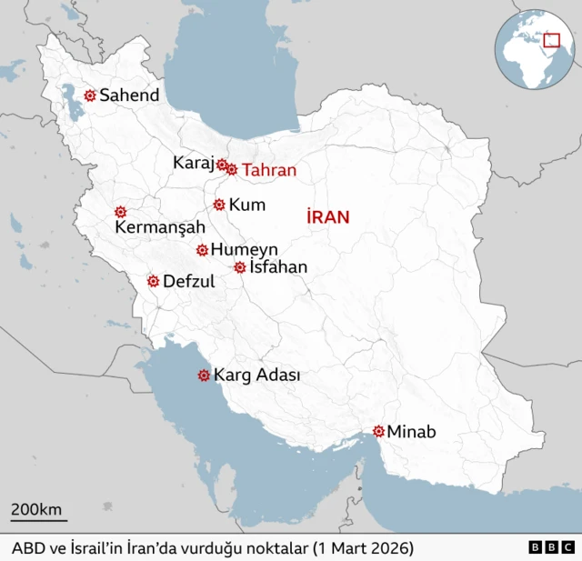 ABD ve İsrail'in İran'da 28 Şubat ve 1 Mart'ta vurduğu noktaları gösteren harita