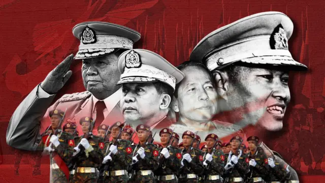 ဗိုလ်ချုပ်မှူးကြီး သန်းရွှေ၊ ဗိုလ်ချုပ်မှူးကြီး မင်းအောင်လှိုင်၊ ဗိုလ်ချုပ်စောမောင်နဲ့ ဗိုလ်ချုပ်ကြီးနေဝင်းတို့ရဲ့ အဖြူအမည်းပုံကို ဝဲမှ ယာအတိုင်း မြင်တွေ့ရတာဖြစ်ပြိး သူတို့ရှေ့မှာ ယူနီဖောင်းဝတ်တချို့ တန်းစီ စစ်ရေးပြနေတဲ့ ပေါင်းစပ်ဓာတ်ပုံ