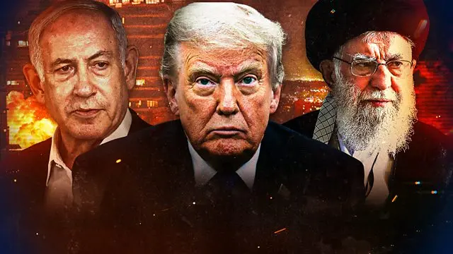 Ảnh thiết kế: từ trái qua Thủ tướng Israel Benjamin Netanyahu, Tổng thống Donald Trump, lãnh tụ tối cao Iran Ali Khamenei