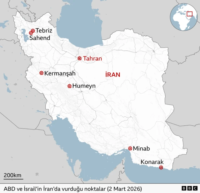ABD ve İsrail'in 2 Mart'taki saldırılarını gösteren harita