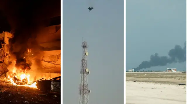 လေကြောင်းတိုက်ခိုက်မှုဖြစ်အပြီး မီးလောင်နေတဲ့မြင်ကွင်းတစ်ခု၊ ကူဝိတ် ကောင်းကင်မှာ မြင်ရတဲ့ အမေရိကန် တိုက်လေယာဉ်ပျက်ကျတယ်ဆိုတဲ့ရုပ်သံက မြင်ကွင်းနဲ့  အီရန်ရဲ့ ဒရုန်းတိုက်ခိုက်မှုကြောင့် မီးလောင်ခဲ့တယ်လို့ဆိုတဲ့ ဆော်ဒီ ရေနံချက်စက်ရုံက မီးခိုးလုံးတွေ ကောင်းကင်ကို ထိုးတက်နေနာကို အဝေးကနေ မြင်တွေ့ရတာဖြစ်ပါတယ်။