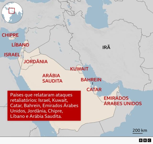 Países que relataram ataques retaliatórios do Irã