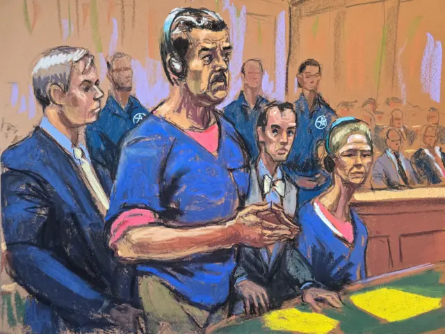 Un dibujo de Nicolás Maduro y Cilia Flores en su audiencia en Nueva York