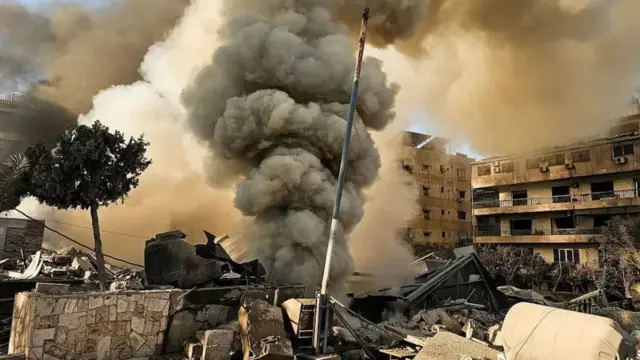 Smoke rises from the site of an Israeli airstrike on the southern suburbs of Beirut