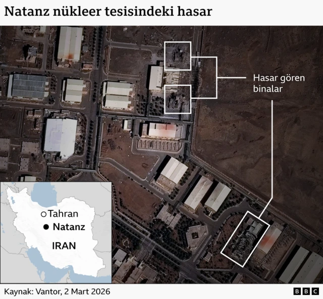 Natanz'ın uydu görüntüsünde üç binanın hasar aldığı görülüyor