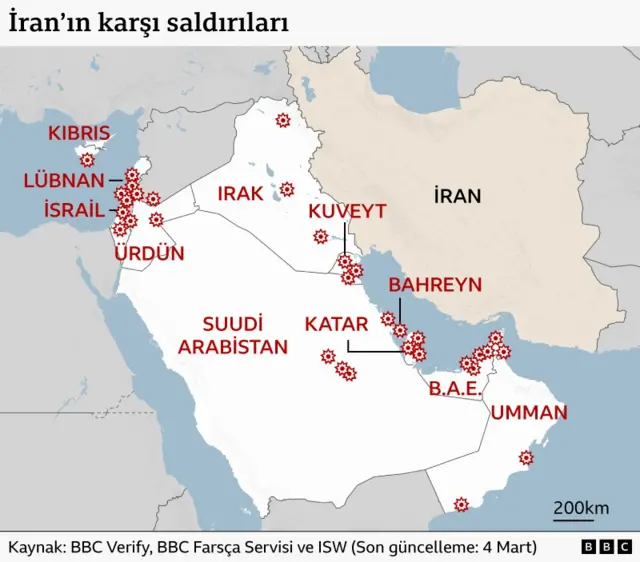 İran'ın karşı saldırı düzenlediği bölgeleri gösteren harita