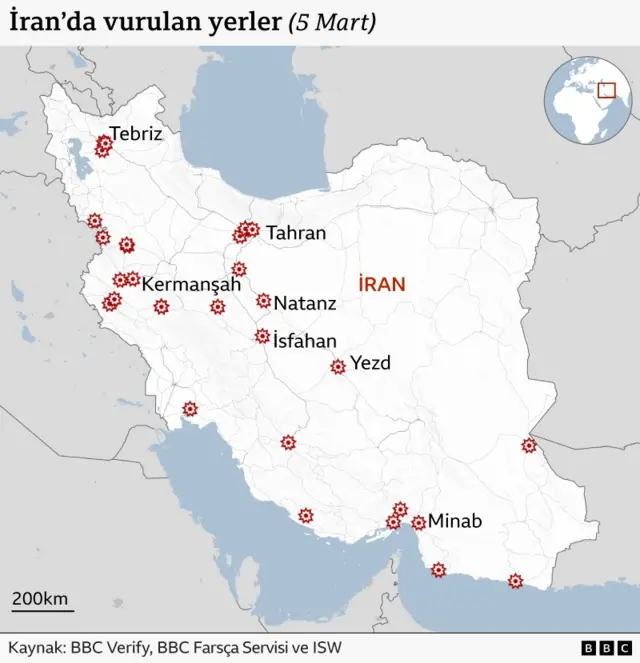 5 Mart itibariyle İran'da vurulan yerleri gösteren harita