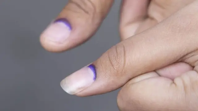 मतदानपछि नङमा लगाइएको मसीको तस्बिर खिच्दै दुई मतदाता