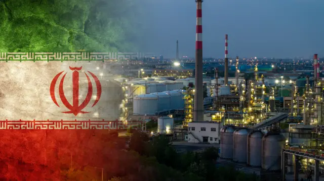 جزء من علم إيران متداخل مع صورة لمنشآت نفط