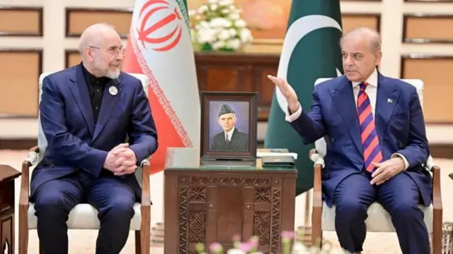 የፓኪስታን ጠቅላይ ሚኒስትር ሼህባዝ ሻሪፍ ከኢራን ፓርላማ አፈ ጉባዔ መሐመድ ባገር ጋሊባፍ (በስተግራ) ጋር ተገናኙ።