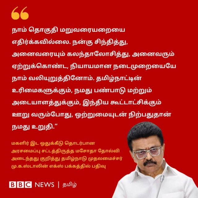 மகளிர் இட ஒதுக்கீடு சட்ட திருத்த மசோதா தோல்வி  -  ஸ்டாலின் கூறியது என்ன?