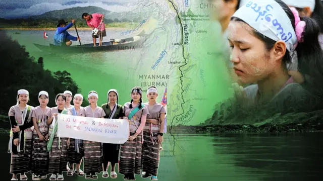 သံလွင်မြစ်မှာ ဆည်မဆောက်ဖို့ ကရင်လှပျိုဖြူတွေ စာတန်းကိုင်တောင်းဆိုမှု သံလွင်မြစ်ကြောင်းနဲ့ မြစ်တည်နေရာပြမြေပုံ ပေါင်းစပ်ဓာတ်ပုံ