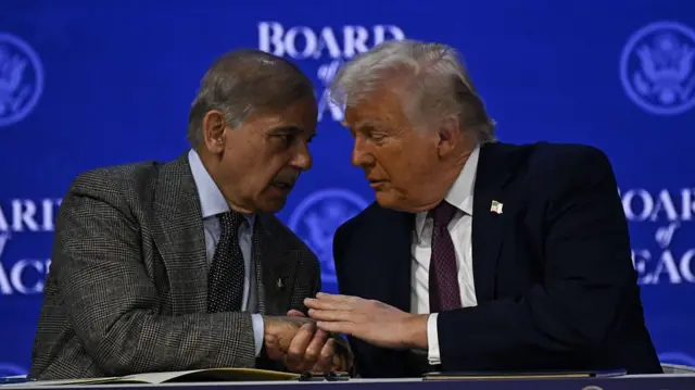 شهباز شریف با کت طوسی در حال دست دادن با دونالد ترامپ با کت سیاه