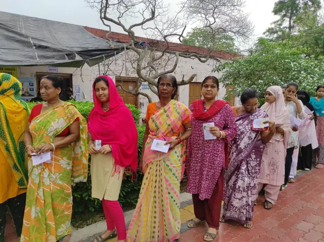 মুর্শিদাবাদের একটি ভোটকেন্দ্রের সামনে নারী ভোটারদের লাইন।