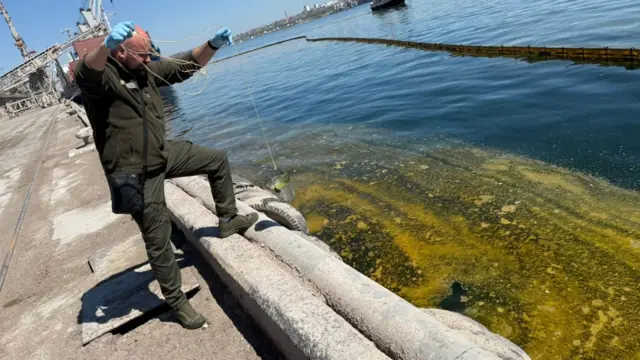 мужчина берет пробу воды из моря, на поверхности воды видна желтая жидкая масса