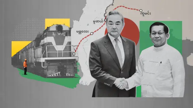 တရုတ်ကုန်တင်ရထားတစ်စင်း၊ ကျောက်ဖြူ- မန္တလေး-မူဆယ်- ကူမင်းအထိပြေးမယ့်ရထားလမ်းသရုပ်ဖော် အနီရောင်အစက်အပျောက်များ၊ တရုတ်နိုင်ငံခြားရေးဝန်ကြီး ဝမ်ယိနဲ့ ဦးမင်းအောင်လှိုင်တို့ လက်ဆွဲ နှုတ်ဆက်နေတဲ့ပုံ မီးခိုး၊ အနီ၊ အဖြူ၊ အဝါ၊ အစိမ်း ပေါင်းစပ် ဓာတ်ပုံ