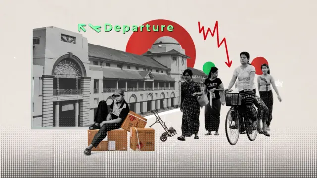 ရန်ကုန်လေဆိပ်မှာမြင်တွေ့ရတဲ့ အစိမ်းရောင်နဲ့ ပြသထားတဲ့ ထွက်ခွာ စာလုံး၊ ရန်ကုန်က စက်ရုံအလုပ်သမားတစ်ချို့၊ ကုန်သေတ္တာစက္ကူပုံးပေါ်ထိုင်နေတဲ့ ဦးထုပ်ဆောင်း လူငယ်တစ်ဦးနဲ့ ရန်ကုန်ဆိပ်ကမ်းက ကိုလိုနီခေတ်အဆောက်အဉီ တစ်လုံးတို့ကို အဖြူ အမည်း အနီနဲ့ အစိမ်းရောင် ပေါင်းစပ်ထားတဲ့ဓာတ်ပုံ