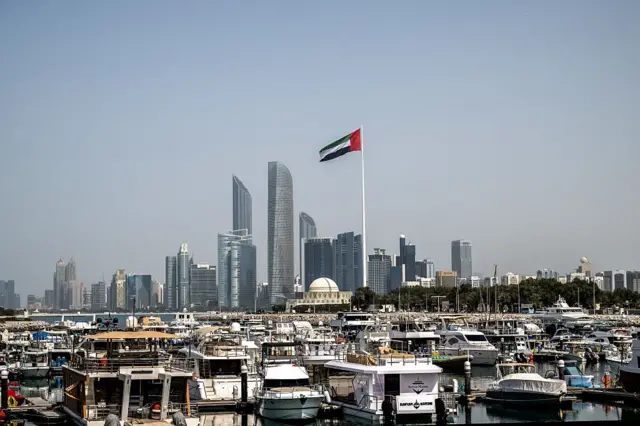 علم الإمارات في أبو ظبي وتظهر في الصورة ناطحات السحاب وعدد من القوارب في مياه الخليج