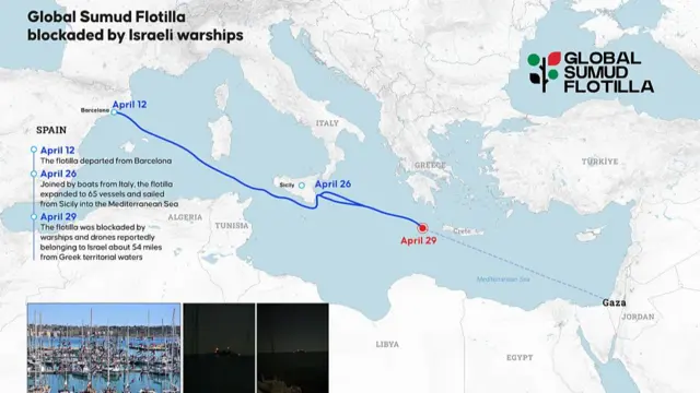 نقشے میں وہ جگہ جہاں غزہ کے لیے امداد لے جانے والی کشتیوں کا قافلہ روکا گیا
