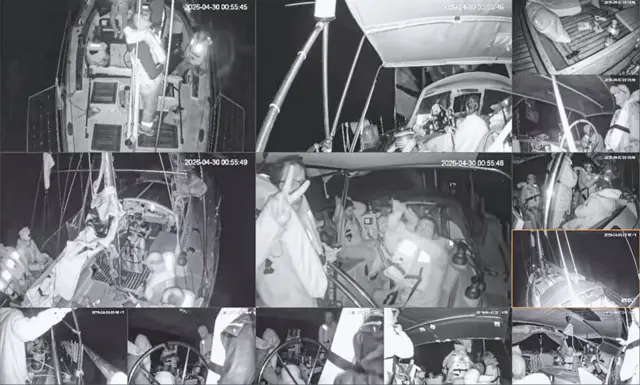 لقطة شاشة مأخوذة من كاميرات المراقبة التابعة لـ"أسطول الصمود العالمي"، الذي أبحر لإيصال المساعدات الإنسانية إلى غزة، بينما كان محاصراً من قبل سفن حربية إسرائيلية وطائرات مسيرة في البحر الأبيض المتوسط في 30 أبريل/نيسان 2026.