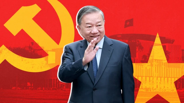 Chân dung ông Tô Lâm trên nền cờ Đảng và quốc kỳ Việt Nam, phía sau là tòa nhà Quốc hội