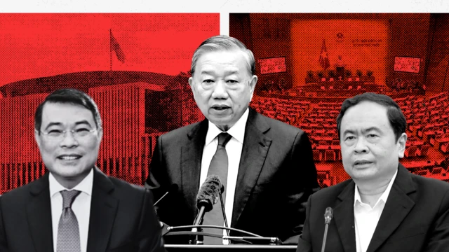 Ảnh thiết kế: (từ trái qua) ông Lê Minh Hưng, ông Tô Lâm, ông Trần Thanh Mẫn, đằng sau là hình nền tòa nhà quốc hội và nghị trường