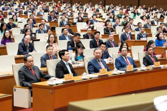 Tổng Bí thư Tô Lâm, Chủ tịch nước Lương Cường, Thủ tướng Chính phủ Phạm Minh Chính, Chủ tịch Quốc hội Trần Thanh Mẫn, Thường trực Ban Bí thư Trần Cẩm Tú tại Phiên khai mạc Kỳ họp thứ Nhất, Quốc hội khoá 16