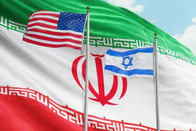 የእስራኤል፣ አሜሪካ እና ኢራን ባንዲራዎች