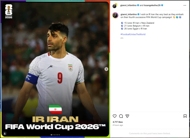 پست اینستاگرامی رئیس فیفا برای تیم ایران