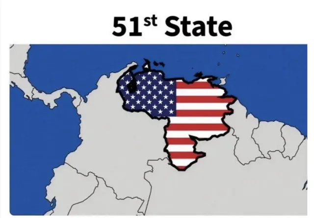 Ifoto igaragaza ikarita ya Venezuela irimo amabara y’idarapo ry’Amerika