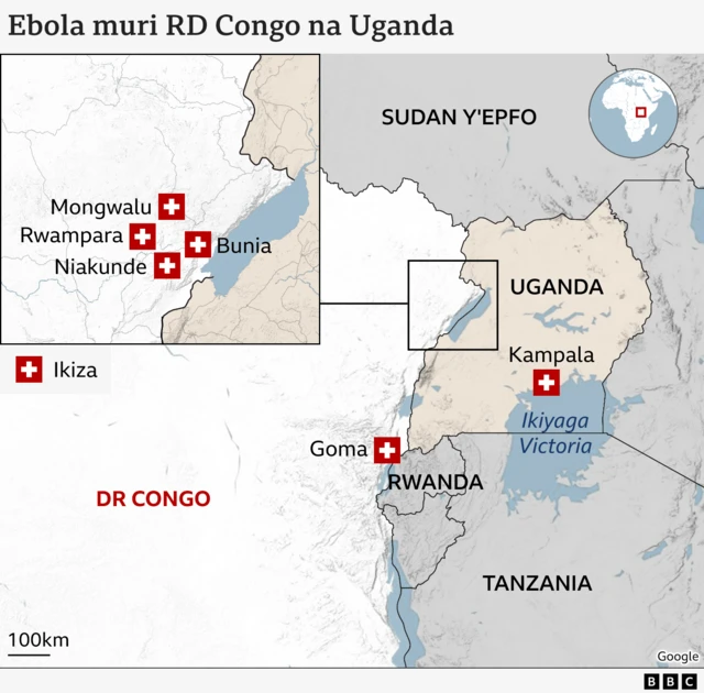 Ikarita igaragaza ahari Ebola muri Repubulika ya Demokarasi ya Congo no muri Uganda. Iriho imirongo y'amabara hamwe n'amazina y'uturere n'ibihugu bimwe bituranye.