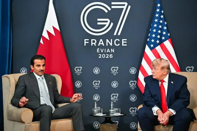 Trump yavuze ayo majambo igihe yariko avugana n’Umwami wa Qatar, Sheikh Tamim bin Hamad al-Thani, mu nama y’ibihugu vya G7.