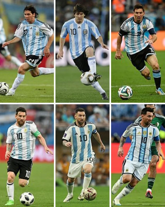 Un collage de las seis participaciones de Messi en Mundiales