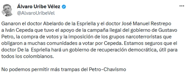 Mensaje de Álvaro Uribe en X