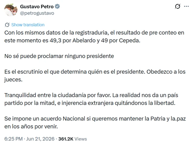 Captura de pantalla de una publicación en X de Gustavo Petro