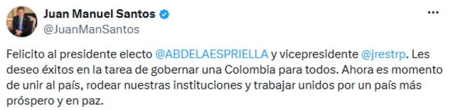 Mensaje de Juan Manuel Santos en X